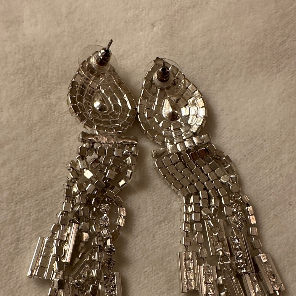 Dazzling Silver and Shimmering Rhinestone Dangle Earrings - Picture 9 of 10